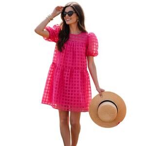 English Factory Organza Mini Dress Womens Small Fuchsia Pink Grid Puff Sleeve